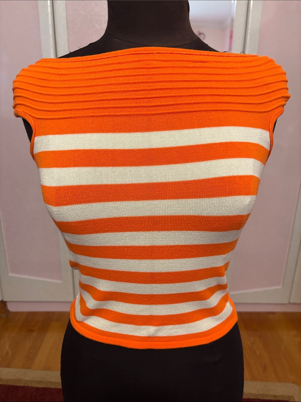 Forever 21 Orange and White Striped Ribbed Boatneck Tank Top